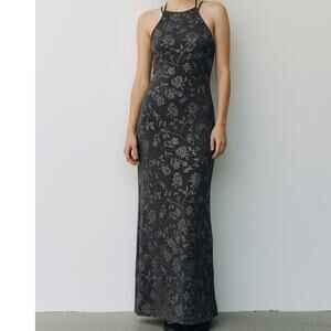 Vintage Y2K City Triangles Black Silver Metallic Floral Maxi Dress L Strappy